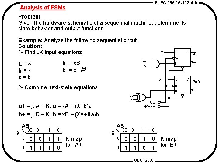 ELEC 256 / Saif Zahir Analysis of FSMs Problem Given the hardware schematic of