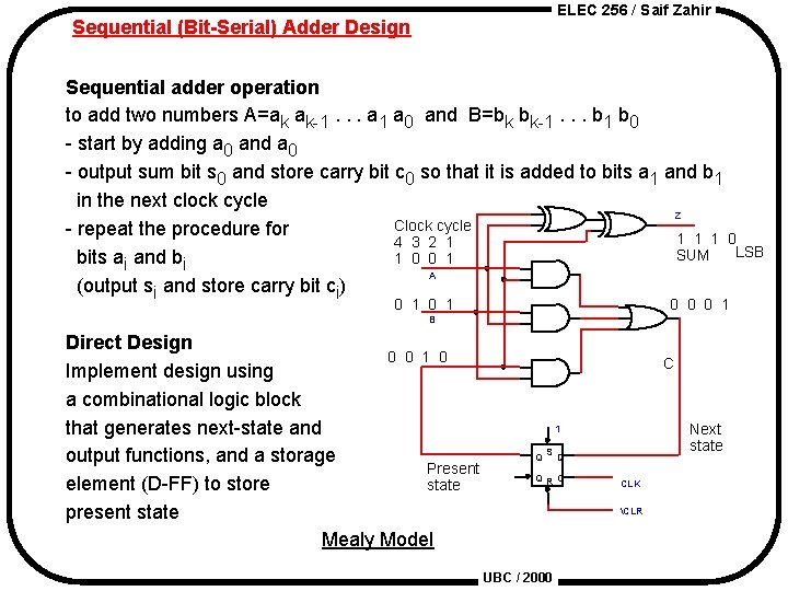 ELEC 256 / Saif Zahir Sequential (Bit-Serial) Adder Design Sequential adder operation to add