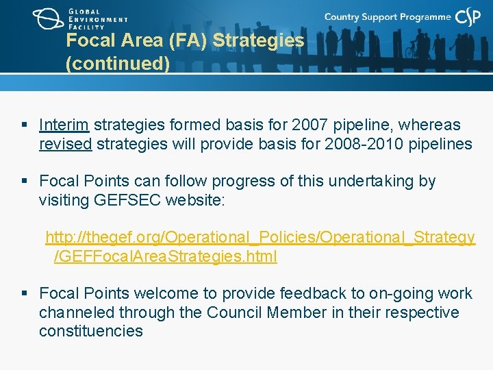 Focal Area (FA) Strategies (continued) § Interim strategies formed basis for 2007 pipeline, whereas