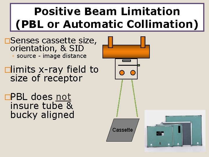Positive Beam Limitation (PBL or Automatic Collimation) �Senses cassette size, orientation, & SID ◦