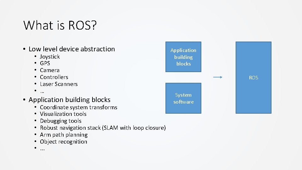 What is ROS? • Low level device abstraction • • • Joystick GPS Camera What is ROS? • Low level device abstraction • • • Joystick GPS Camera