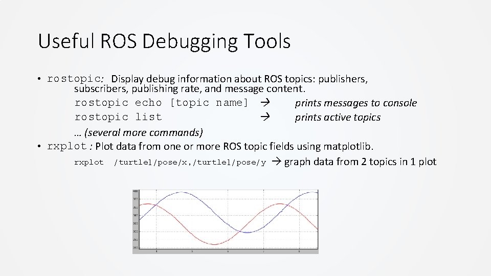 Useful ROS Debugging Tools • rostopic: Display debug information about ROS topics: publishers, subscribers, Useful ROS Debugging Tools • rostopic: Display debug information about ROS topics: publishers, subscribers,
