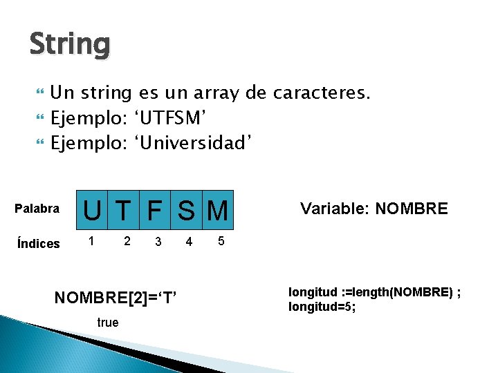 String Un string es un array de caracteres. Ejemplo: ‘UTFSM’ Ejemplo: ‘Universidad’ Palabra Índices