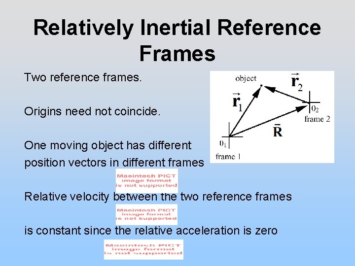 Relatively Inertial Reference Frames Two reference frames. Origins need not coincide. One moving object