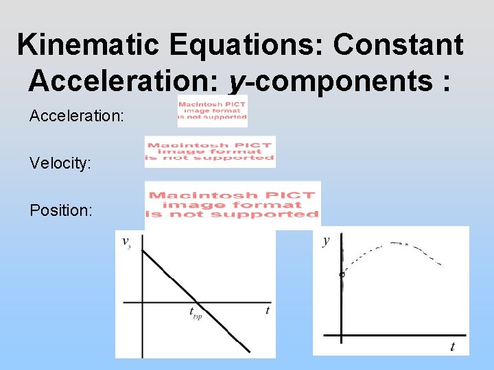 Kinematic Equations: Constant Acceleration: y-components : Acceleration: Velocity: Position: 