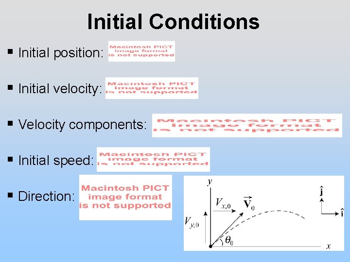 Initial Conditions § Initial position: § Initial velocity: § Velocity components: § Initial speed: