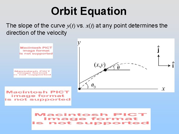 Orbit Equation The slope of the curve y(t) vs. x(t) at any point determines