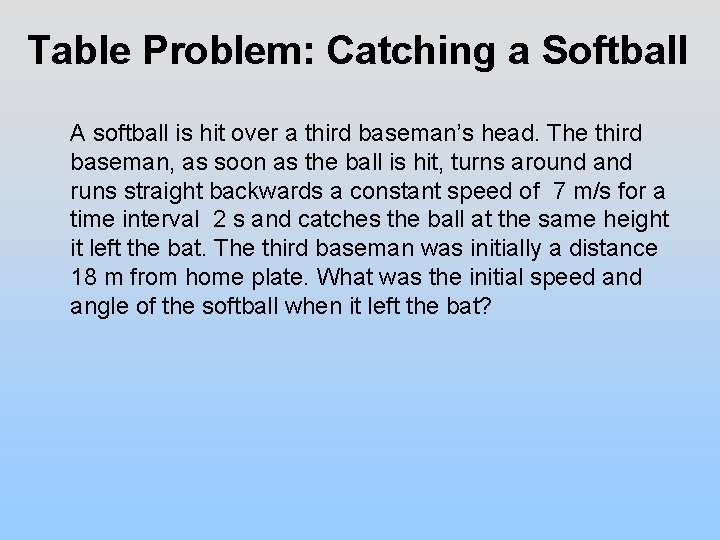 Table Problem: Catching a Softball A softball is hit over a third baseman’s head.