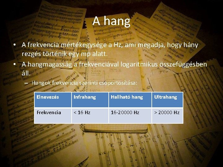 A hang • A frekvencia mértékegysége a Hz, ami megadja, hogy hány rezgés történik