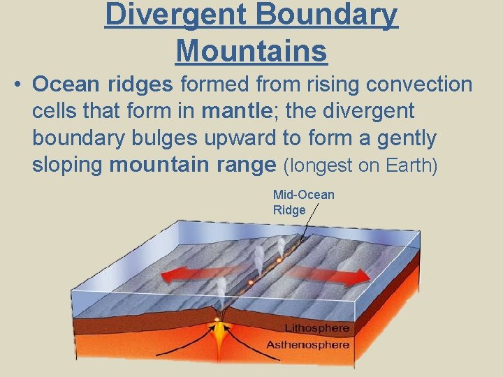 Divergent Boundary Mountains • Ocean ridges formed from rising convection cells that form in Divergent Boundary Mountains • Ocean ridges formed from rising convection cells that form in
