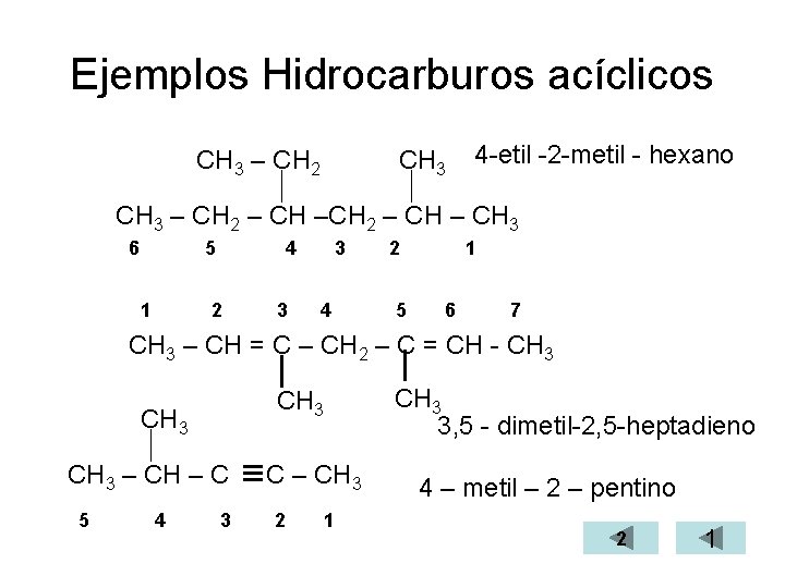 Ejemplos Hidrocarburos acíclicos CH 3 – CH 2 CH 3 4 -etil -2 -metil