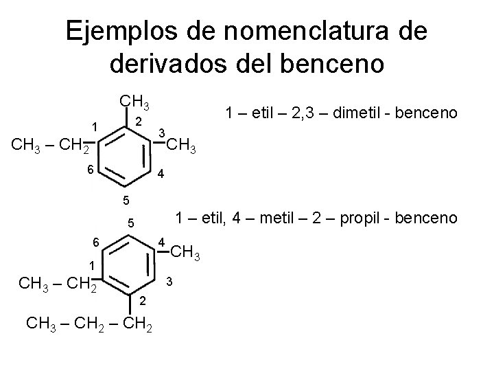 Ejemplos de nomenclatura de derivados del benceno CH 3 2 1 CH 3 –