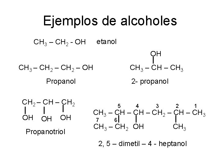 Ejemplos de alcoholes etanol CH 3 – CH 2 - OH OH CH 3