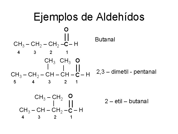 Ejemplos de Aldehídos O CH 3 – CH 2 –C – H 4 3