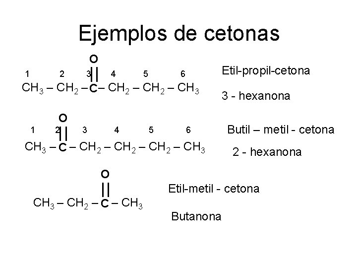 Ejemplos de cetonas O 1 2 3 4 5 Etil-propil-cetona 6 CH 3 –