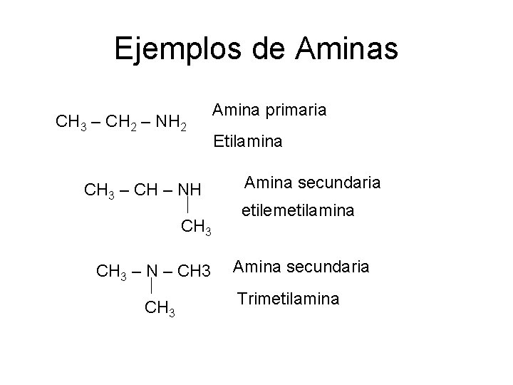 Ejemplos de Aminas CH 3 – CH 2 – NH 2 CH 3 –