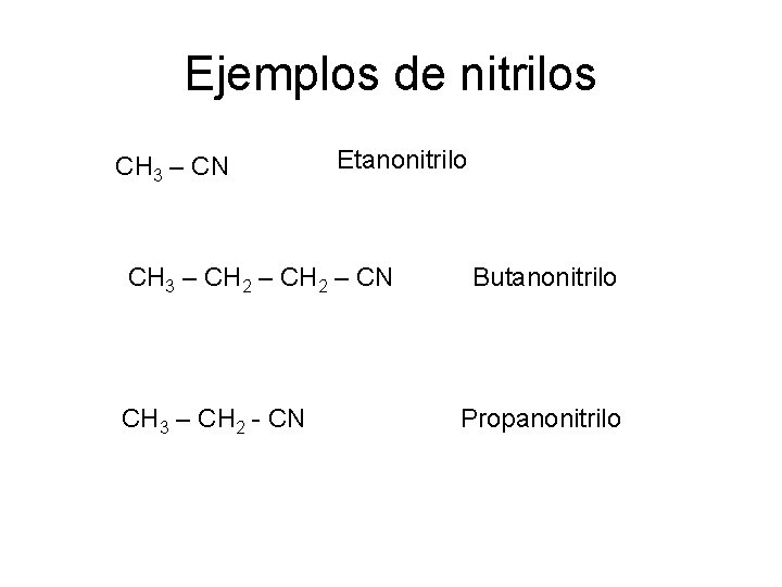 Ejemplos de nitrilos CH 3 – CN Etanonitrilo CH 3 – CH 2 –