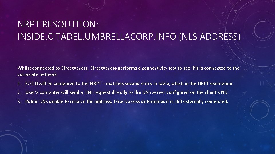 NRPT RESOLUTION: INSIDE. CITADEL. UMBRELLACORP. INFO (NLS ADDRESS) Whilst connected to Direct. Access, Direct.