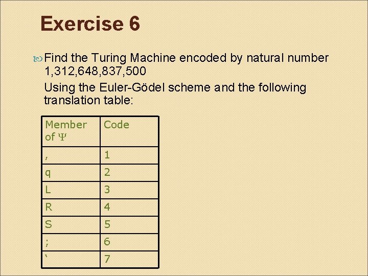 Exercise 6 Find the Turing Machine encoded by natural number 1, 312, 648, 837,