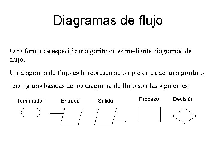 Diagramas de flujo Otra forma de especificar algoritmos es mediante diagramas de flujo. Un