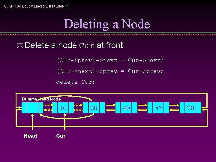 COMP 104 Doubly Linked Lists / Slide 11 Deleting a Node * Delete a