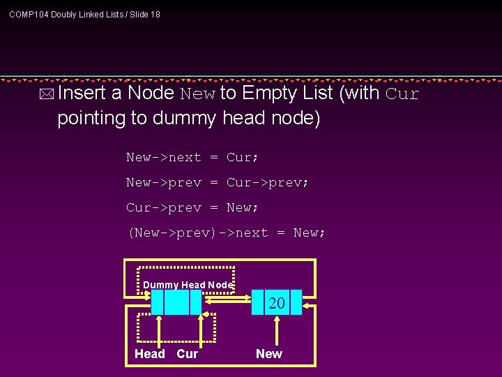 COMP 104 Doubly Linked Lists / Slide 18 * Insert a Node New to COMP 104 Doubly Linked Lists / Slide 18 * Insert a Node New to