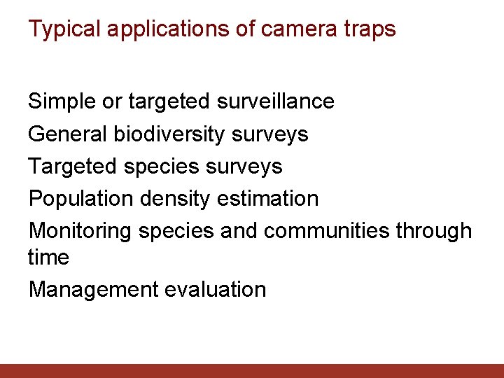 Typical applications of camera traps Simple or targeted surveillance General biodiversity surveys Targeted species