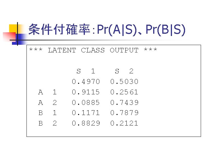 条件付確率：Pr(A|S)、Pr(B|S) *** LATENT CLASS OUTPUT *** A A B B 1 2 S 1