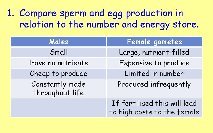 1. Compare sperm and egg production in relation to the number and energy store.