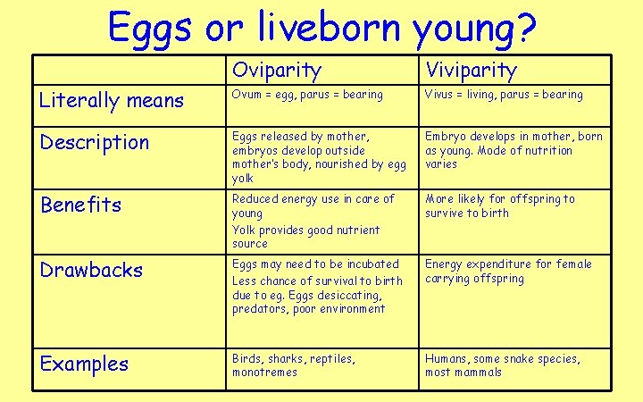 Eggs or liveborn young? Oviparity Viviparity Literally means Ovum = egg, parus = bearing