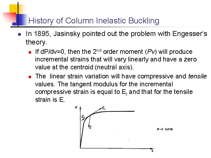 History of Column Inelastic Buckling n In 1895, Jasinsky pointed out the problem with
