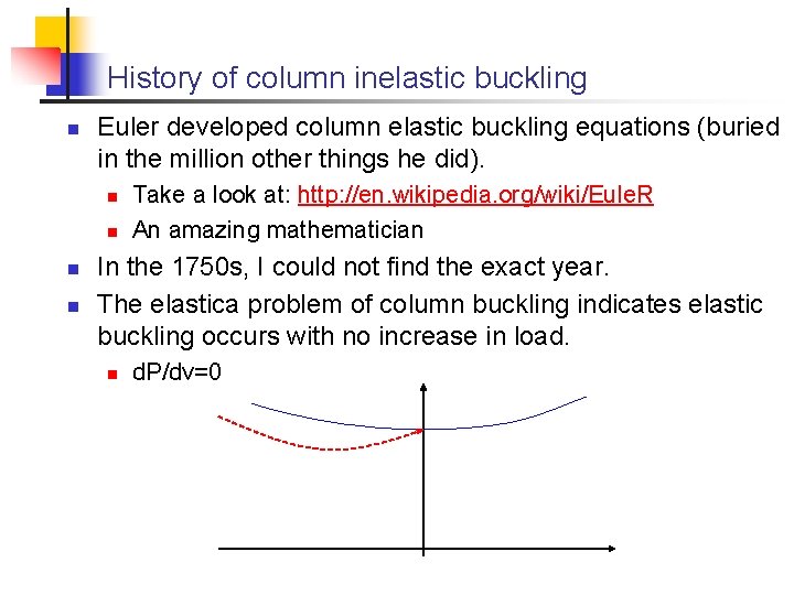 History of column inelastic buckling n Euler developed column elastic buckling equations (buried in