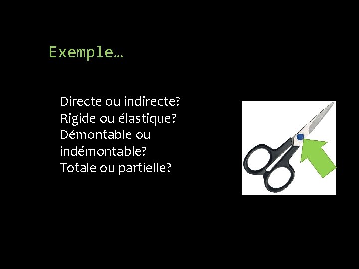 Exemple… Directe ou indirecte? Rigide ou élastique? Démontable ou indémontable? Totale ou partielle? 