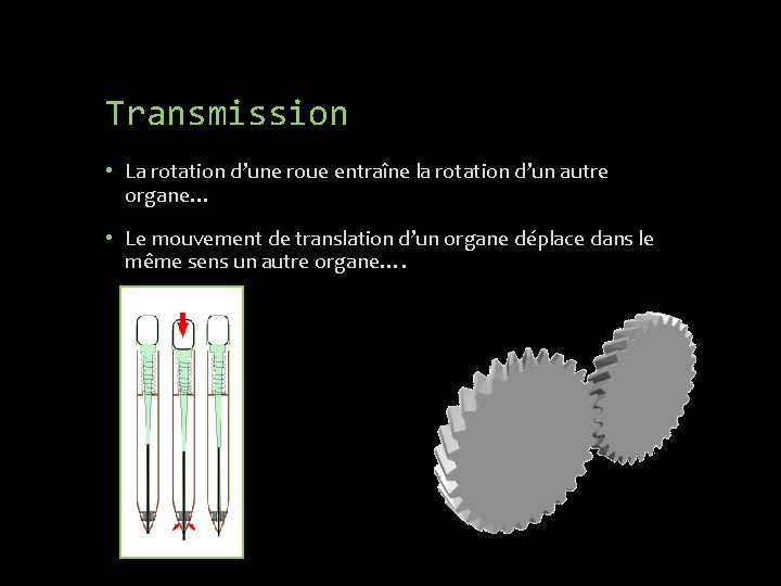 Transmission • La rotation d’une roue entraîne la rotation d’un autre organe… • Le