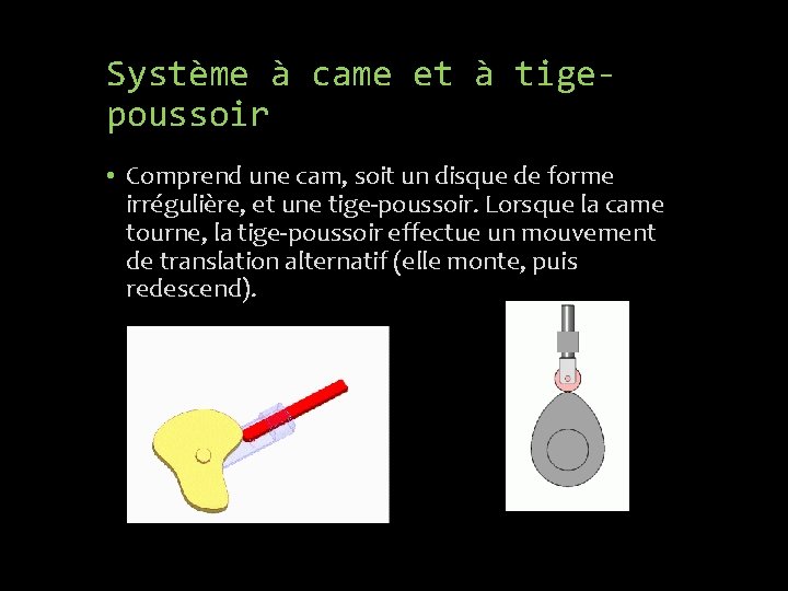 Système à came et à tigepoussoir • Comprend une cam, soit un disque de