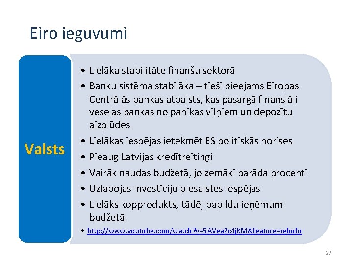 Eiro ieguvumi Valsts • Lielāka stabilitāte finanšu sektorā • Banku sistēma stabilāka – tieši