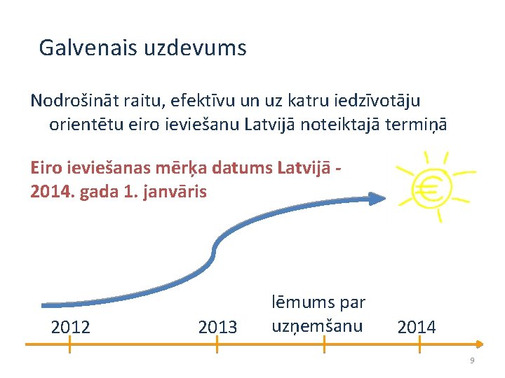 Galvenais uzdevums Nodrošināt raitu, efektīvu un uz katru iedzīvotāju orientētu eiro ieviešanu Latvijā noteiktajā