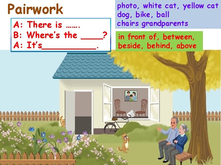 Pairwork A: There is ……. B: Where’s the ____? A: It’s_____. photo, white cat,