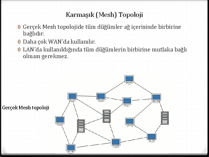 Karmaşık (Mesh) Topoloji 0 Gerçek Mesh topolojide tüm düğümler ağ içerisinde birbirine bağlıdır. 0