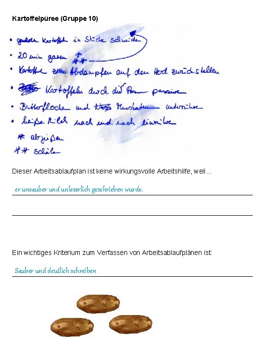 Kartoffelpüree (Gruppe 10) Dieser Arbeitsablaufplan ist keine wirkungsvolle Arbeitshilfe, weil… er unsauber und unleserlich