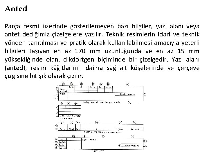 Anted Parça resmi üzerinde gösterilemeyen bazı bilgiler, yazı alanı veya antet dediğimiz çizelgelere yazılır.