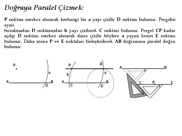 Doğruya Paralel Çizmek: P noktası merkez alınarak herhangi bir a yayı çizilir D noktası