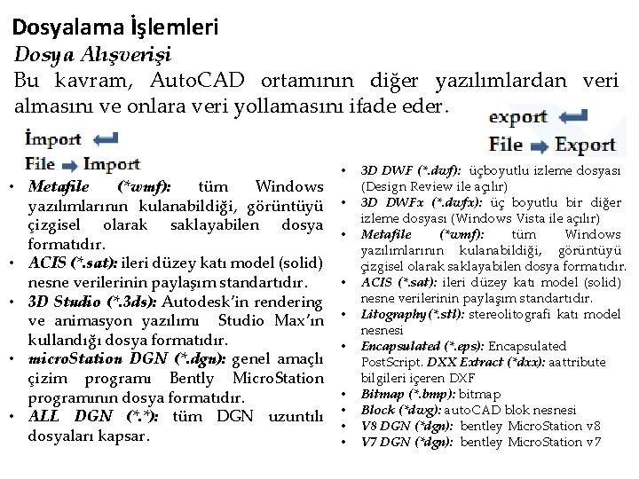 Dosyalama İşlemleri Dosya Alışverişi Bu kavram, Auto. CAD ortamının diğer yazılımlardan veri almasını ve