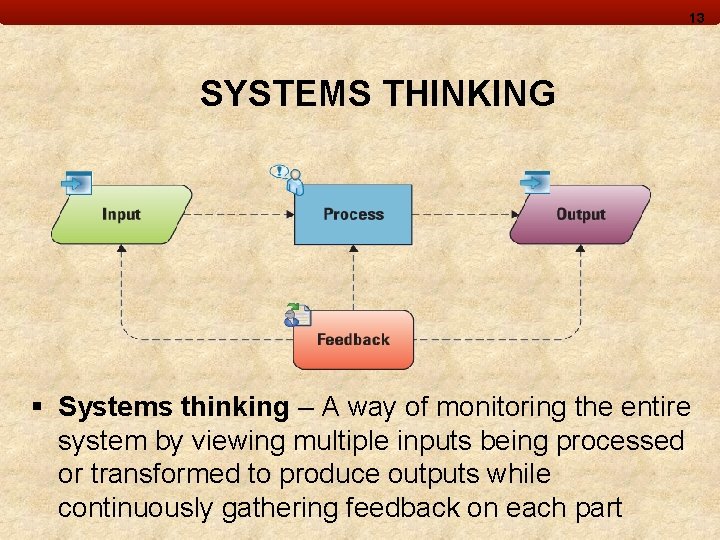13 SYSTEMS THINKING § Systems thinking – A way of monitoring the entire system