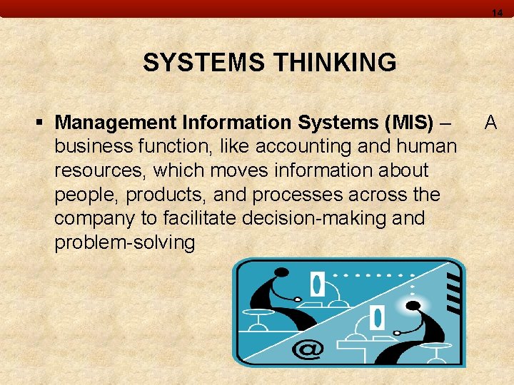 14 SYSTEMS THINKING § Management Information Systems (MIS) – business function, like accounting and