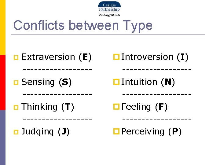 Conflicts between Type Extraversion (E) --------- Sensing (S) --------- Thinking (T) --------- Judging (J)