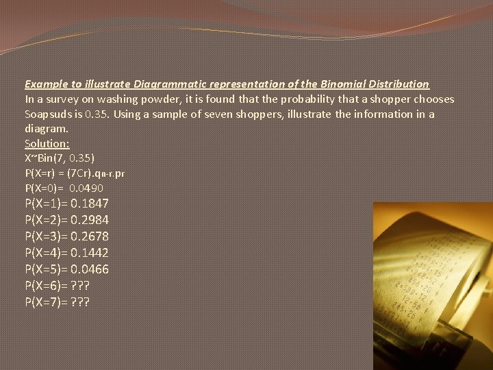 Example to illustrate Diagrammatic representation of the Binomial Distribution In a survey on washing