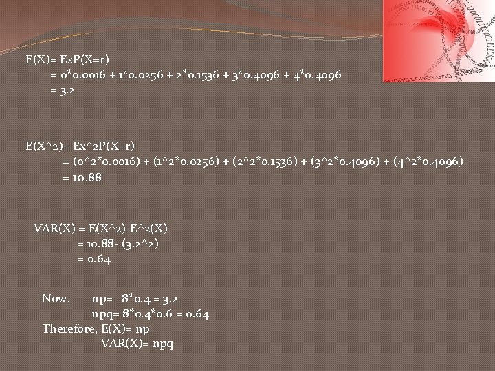 E(X)= Ex. P(X=r) = 0*0. 0016 + 1*0. 0256 + 2*0. 1536 + 3*0.