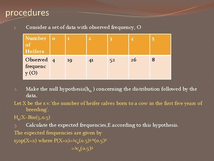 procedures 1. Consider a set of data with observed frequency, O Number of Heifers