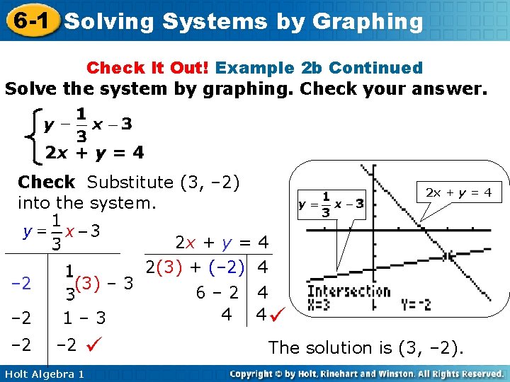 6 -1 Solving Systems by Graphing Check It Out! Example 2 b Continued Solve 6 -1 Solving Systems by Graphing Check It Out! Example 2 b Continued Solve